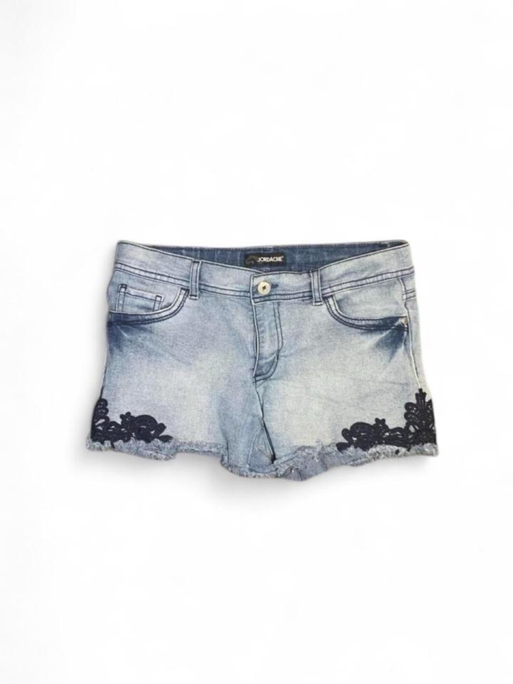 Jordache Light Wash Denim Shorts with Black Lace Appliqué
